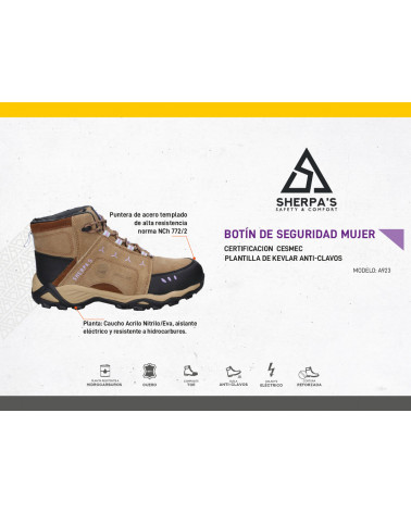 Zapato de seguridad camel para mujer, diseño robusto tipo trekking, con caña alta y soporte al tobillo.