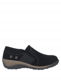 zapatilla negra de cuero para mujer, estilo informal, ideal para actividades diarias y aventuras urbanas.