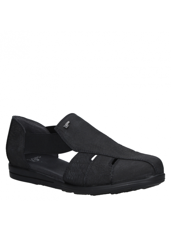 Sandalia negra de cuero para mujer, estilo casual, taco plano y punta redonda.