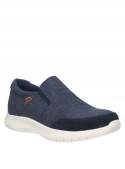 Calzado casual para hombre en azul con detalles de cuero, diseño minimalista sin cordones, perfecto para el día a día.