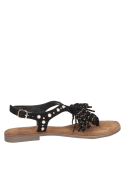 Elegante sandalia de cuero negro para mujer, básica del verano, con taco plano de 1.5 cm.