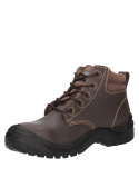 Zapato de seguridad café unisex con suela gruesa y tracción, ideal para terrenos irregulares y trabajos al aire libre.