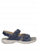 Sandalia azul de cuero, estilo casual para mujer, proporciona confort con su taco plano y diseño abierto.
