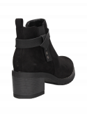 Calzado negro de mujer, botín con taco bloque, altura de caña 12.7 cm, estilo moderno.