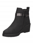 Botín negro casual de mujer con taco cuña de 6.5 cm y punta redonda, ideal para un look moderno y cómodo.