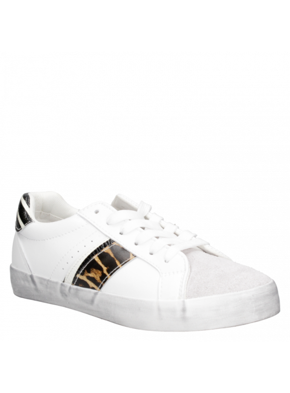zapatilla negra de mujer Pollini, estilo urbano con mezcla de materiales sintético y cuero.