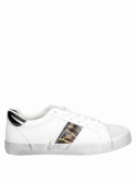 zapatilla blanca urbana de mujer, diseño moderno en cuero y sintético, taco plano cómodo.