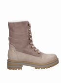 Botín femenino taupe, estilo casual, ideal para días fríos con su forro acogedor y diseño elegante.