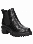 Botín Chelsea negro, sintético, diseño moderno con taco bloque, ideal para un look elegante.