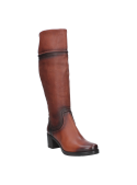 Bota de cuero marrón con tacón ancho, estilo clásico para mujer, ideal para mantener el calor en climas fríos.