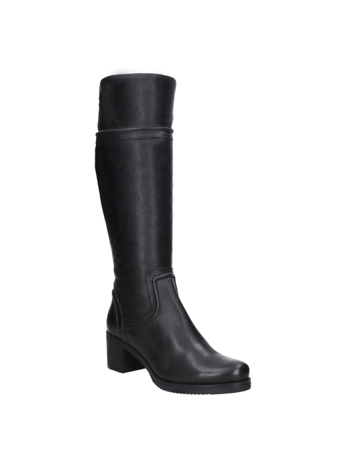 Bota Mujer Bota sobria de cuero negro, caña alta y líneas limpias, excelente opción para un guardarropa clásico y sofisticado.